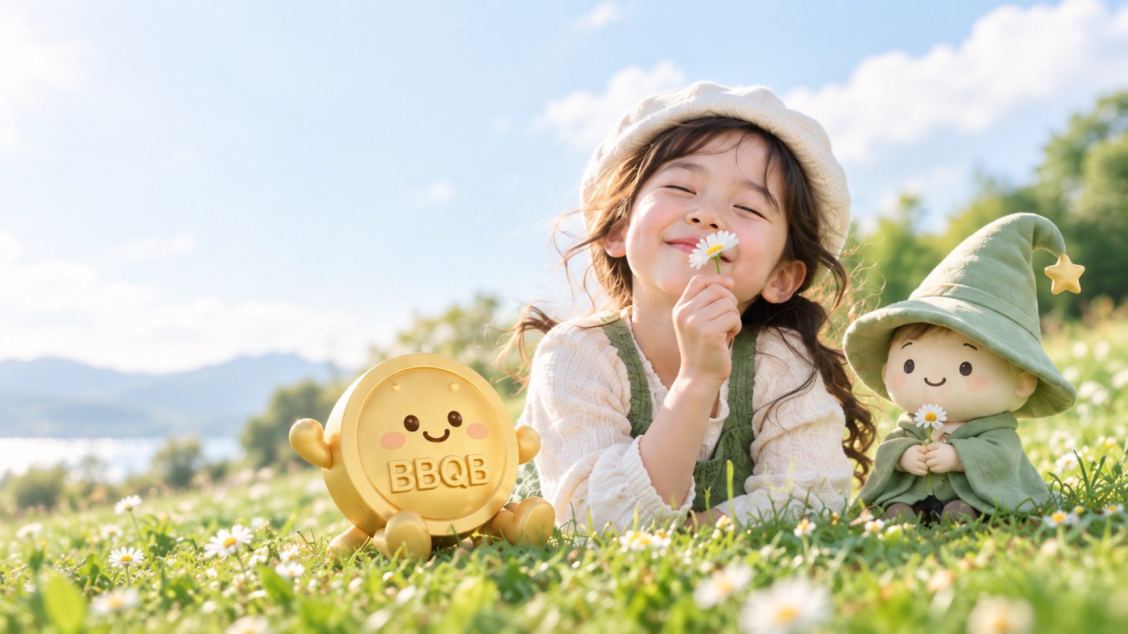 孩子与BBQB伙伴在春日草地发现美好
